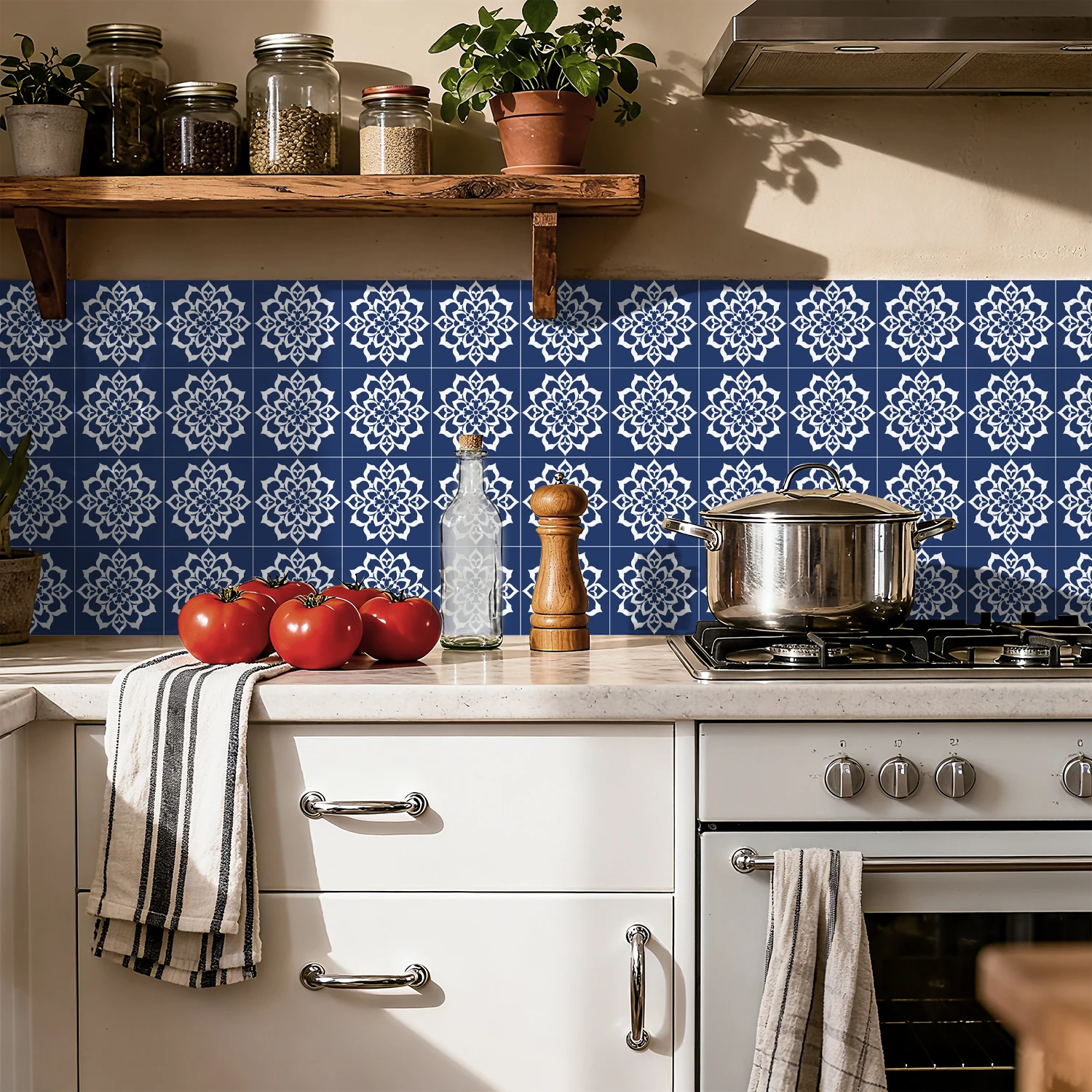 

24PCS Navy Blue Mandala Self-Adhesive Tile Stickers HD Matte Wall Decor for Kitchen Bathroom 10/15/20cm