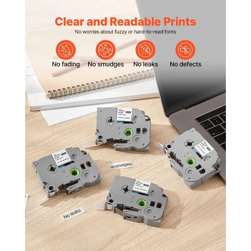 ラベルメーカーテープ 4パック 12mm 黒地に白 ラベルメーカーリフィル TZe-231