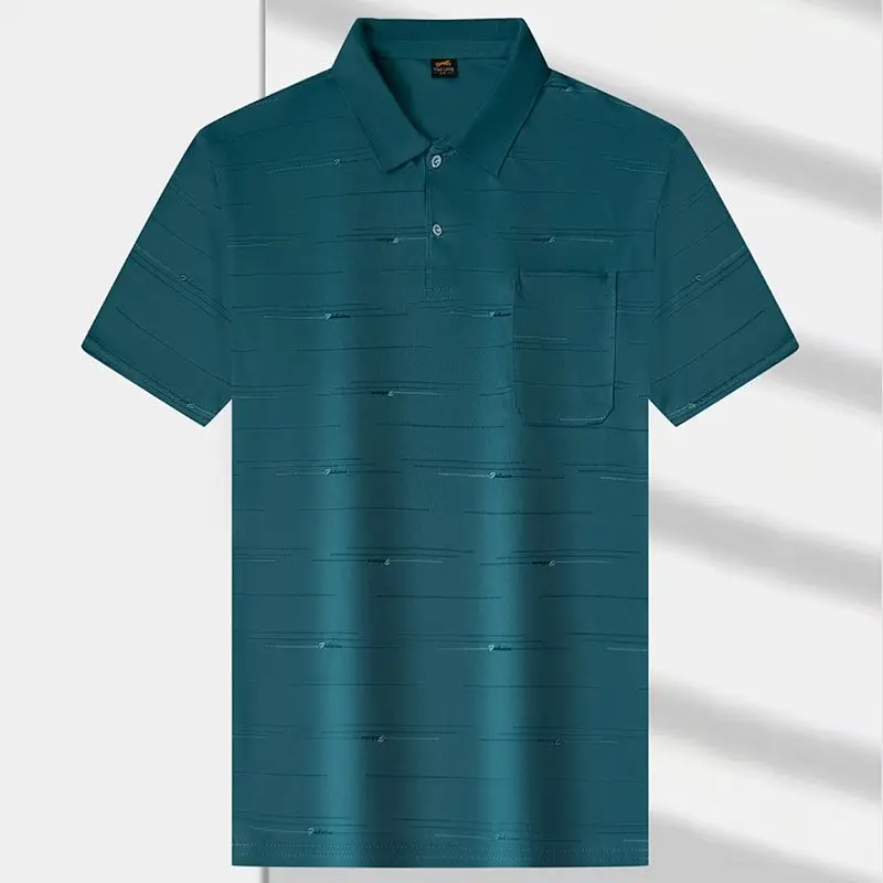 Summer Men's Ice Silk Short Sleeve Polo Shirt Casual Versatile Top with Pocket for Middle-aged and Elderly