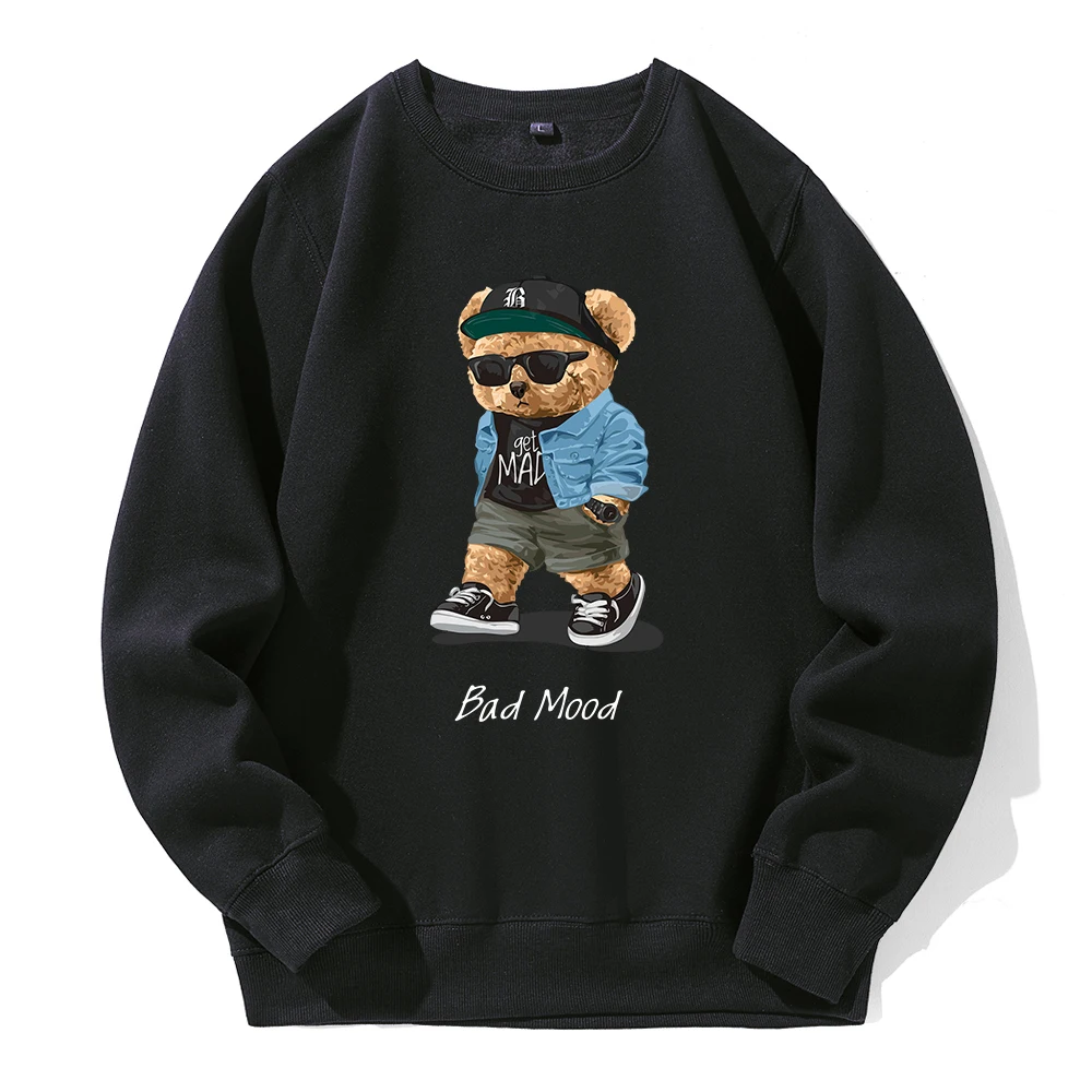 Get Mad Bad Mood Walking Silent Teddy Bear Hoodies Men Oversized O-Neck Hoodie Loose Breathable Tracksuit Fashion Style Hooded