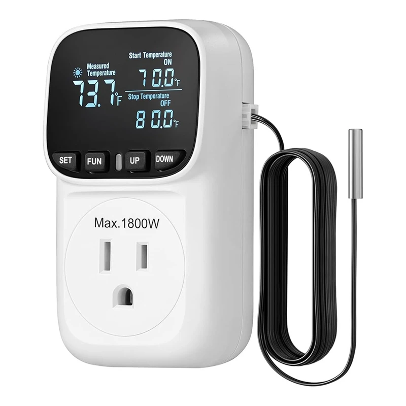 Digital Temperature Controller,15A/1800W Thermostat Outlet Plug,-40℉-210℉, Cyclic Timing/Countdown,For Incubator US Plug