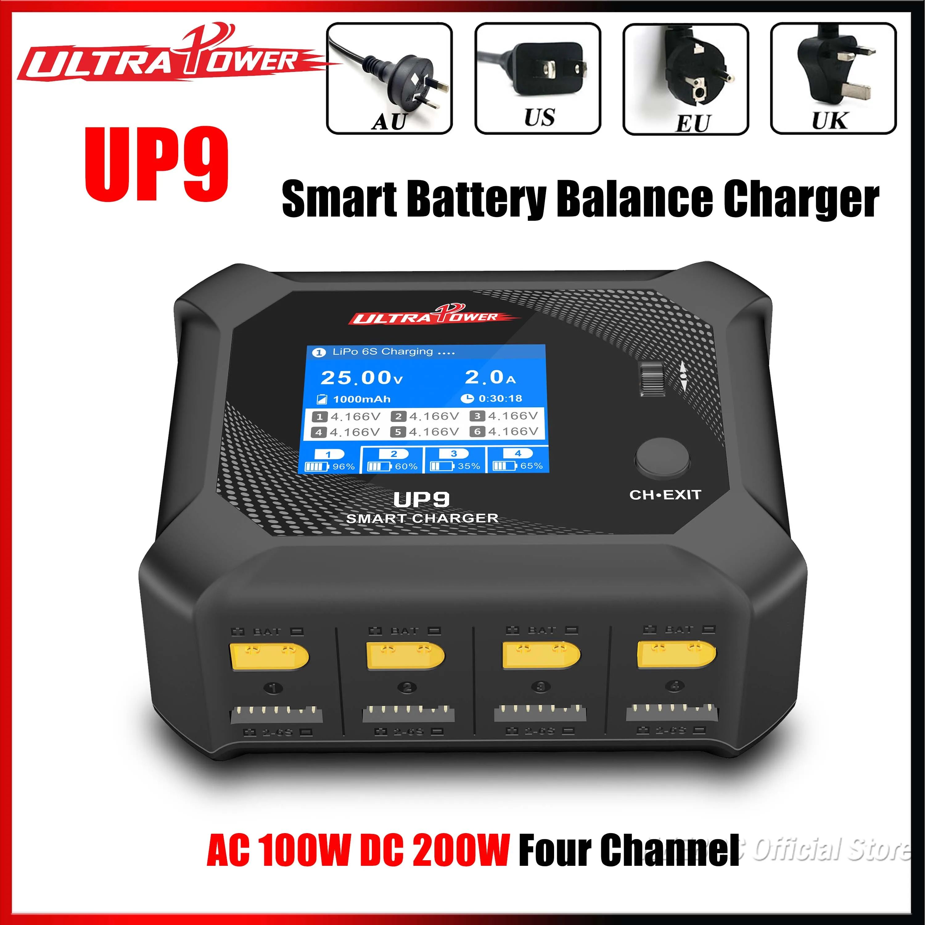 

UltraPower UP9 Smart Battery Balance Charger AC 100W DC 200W Four Channel Discharger LCD for Lipo LiHV Lilon LiFe NiMH RC Model