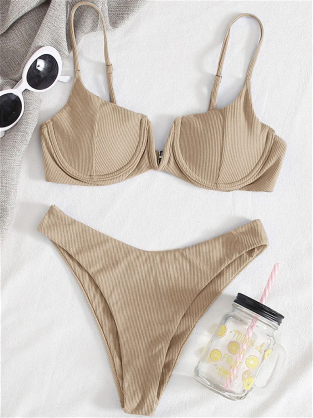 Traje de baño sexy con aros y realce, corte en V, color caqui, tankini con cierre trasero, traje de baño acanalado, ropa de playa para vacaciones, conjunto de 2 piezas