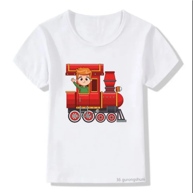 Divertido tren pequeño estampado de dibujos animados para niños ropa de cumpleaños verano Casual niño ropa camiseta blanca Tops