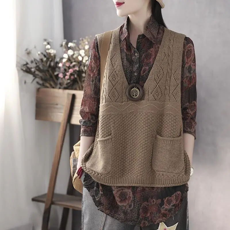 Sweater Vests Womens V-neck Leisure Pockets Ulzzang 3XL All-match Hollow Out Elegant Retro Jumper Loose Korean Style Femme New