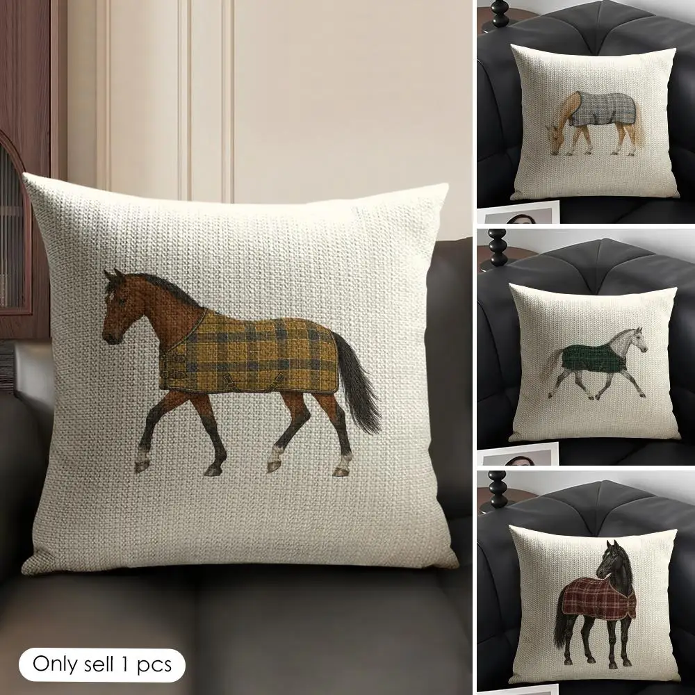 Handmade Horse Equestrian Farmhouse Cushion Cover Skin-Friendly Organic Linen Pillow Cover Durable Hypoallergenic Washable Soft