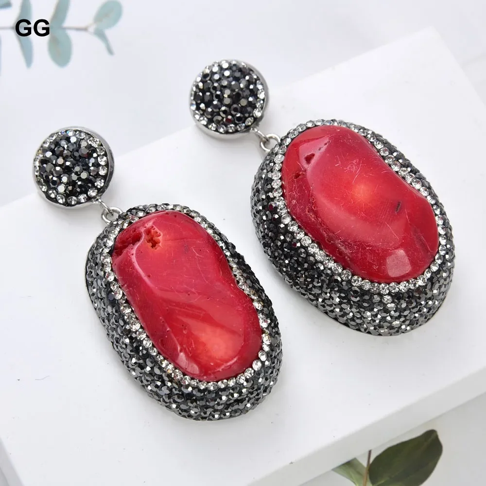 GG Natural Red Coral Nugget Trimmed With Marcasite Crystal Dangle Earrings