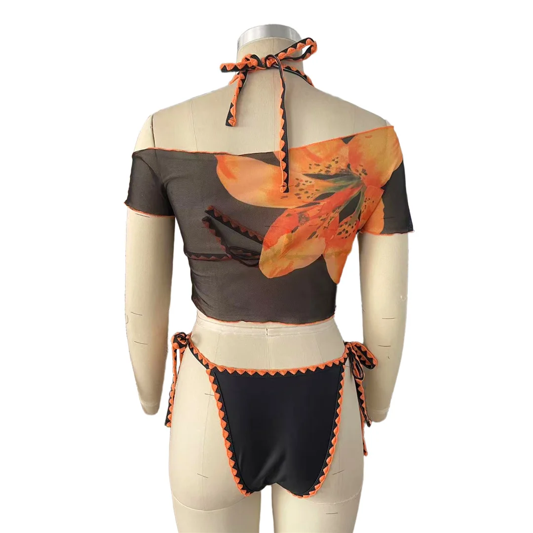 S - XL, mit T-Shirt, Blumenmuster, Bikini, Damen-Badebekleidung, dreiteiliges Bikini-Set, Badeanzug, Badebekleidung, Modell V8537. – Detail 10