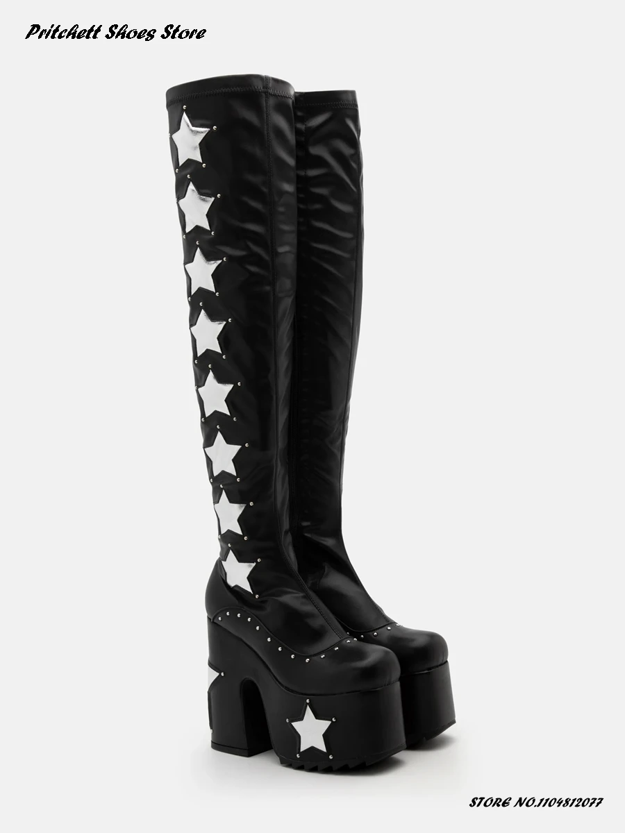 

Женские модные непромокаемые кожаные ботинки с пятиконечной звездой, туфли выше колена на платформе с круглым носком и молнией на квадратном каблуке