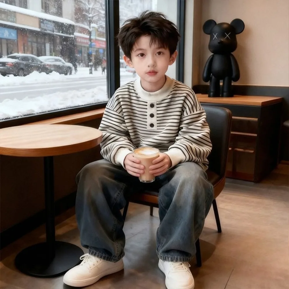 Boys Fleece Lined Sweatshirt Winter Striped Top Kids Warm Thermal Base Layer Shirt Children Casual Pullover