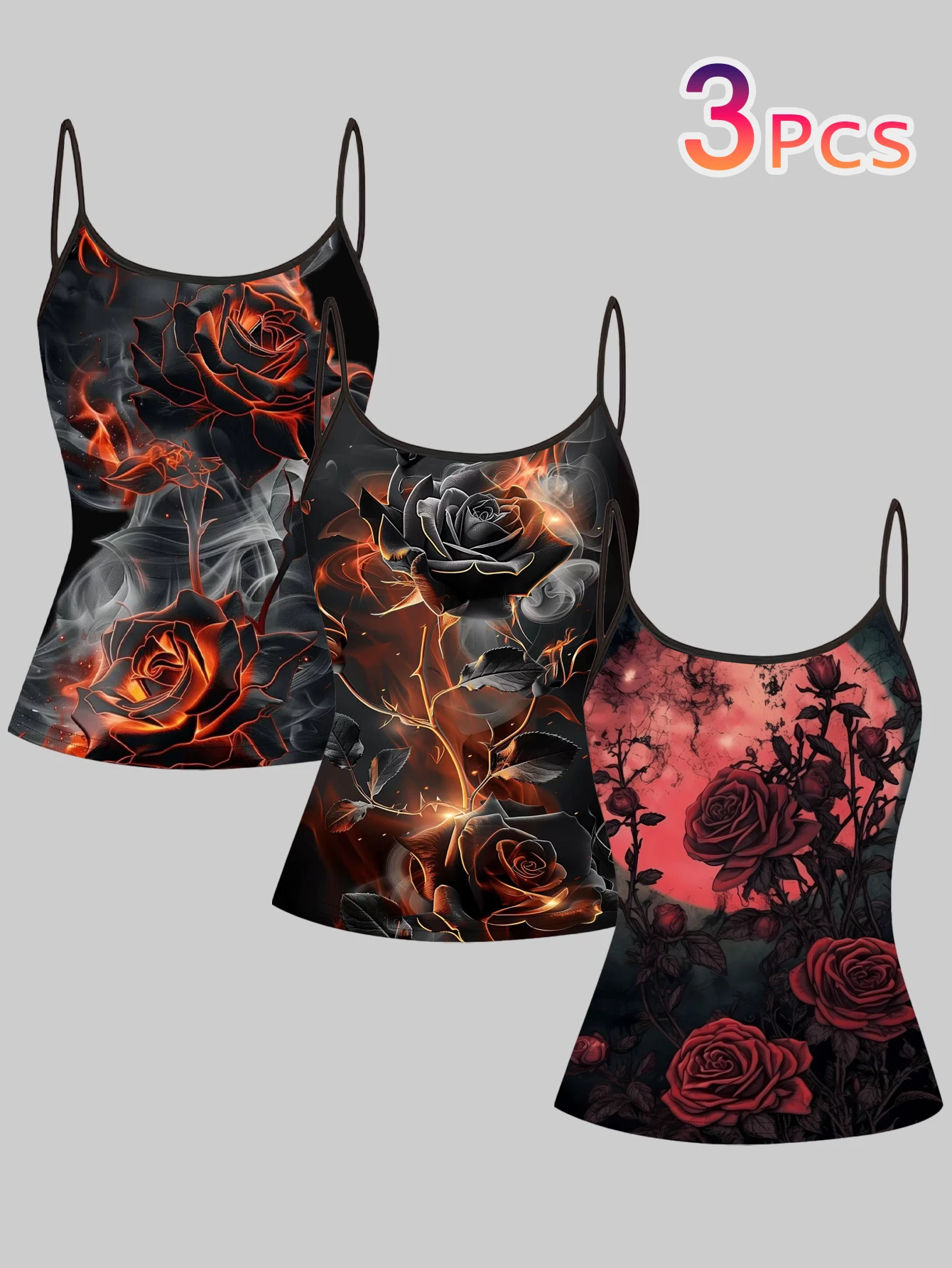 3-Piece Set of Flame Black and Red Rose Print Camisole Tops for Women, Dark Gothic Style Slim Fit Sleeveless Spicy Girl Inner Wear Tops