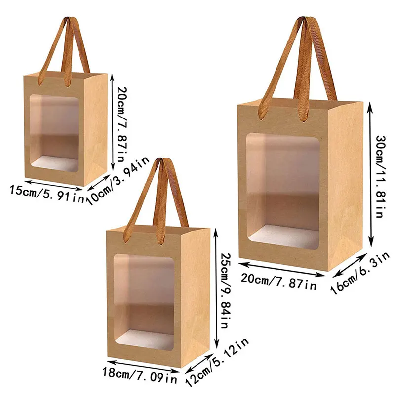 5/10Pcs Kraft Paper Gift Bags with Transparent Window, Kraft Shopping Bags with Handles for Present, Festivals Party