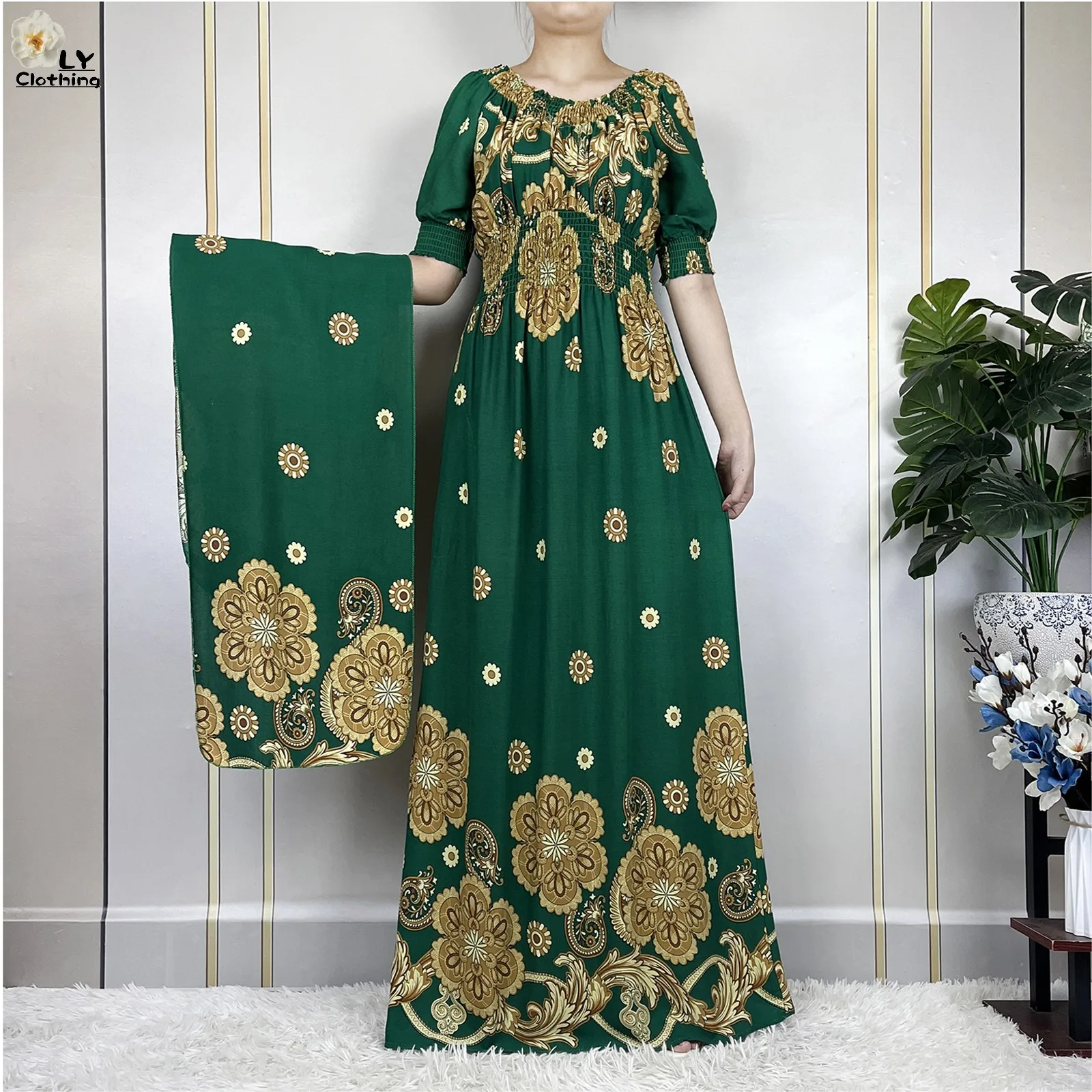 New Summer Muslim Abayas Fashion For Women Floral Elasticity Loose Femme Elegant Robe Maxi African Casual Dresses With Turban