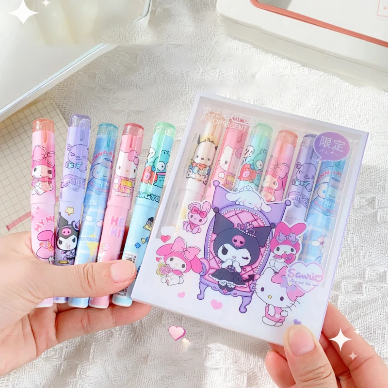 

6Pcs Hello Kitty Highlighter Pen Set Sanrio Kawaii Kuromi Melody Cinnamoroll Art Fluorescent Markers Pens School Office Statione