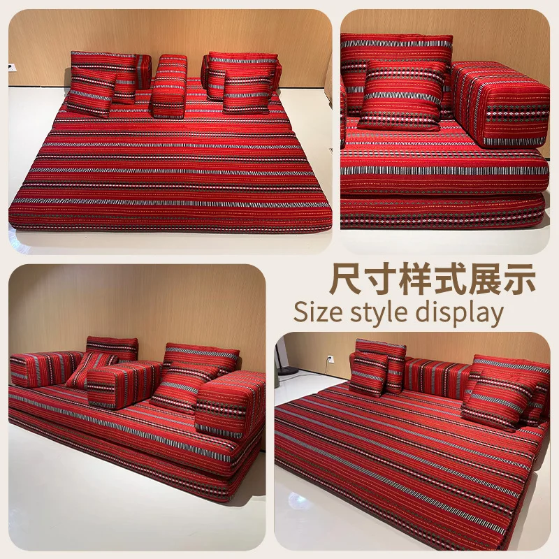 Retro Ethnic Style Jacquard Fabric Compression Sofa Small Apartment Living Room Antique Foldable Lazy Bed Cloud Touch