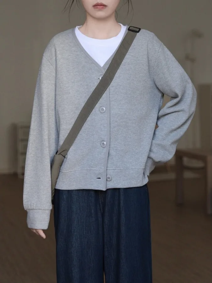 홍콩 스타일 버튼업 긴팔 스웨트셔츠 여성용 봄 가을 얇은 한국식 루즈 슬림 V넥 아우터웨어 탑