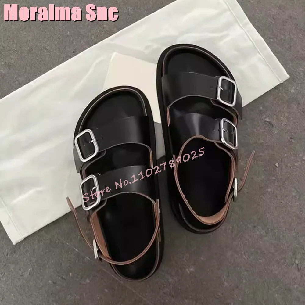 Fashion Belt Buckle Round Toe Sandals Flat With Ankle Buckle Strap Casual Outdoor Women Shoes Summer 2024 New Roman Style Solid