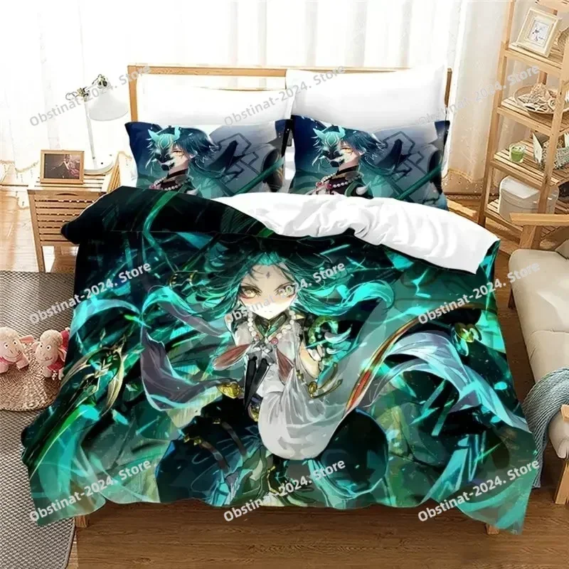 Anime Genshin Impact Paimon Printed Bed Set Duvet Cover Pillowcase Bedding Set Bed Linen Sheet Quilt Cover Full Queen King Size