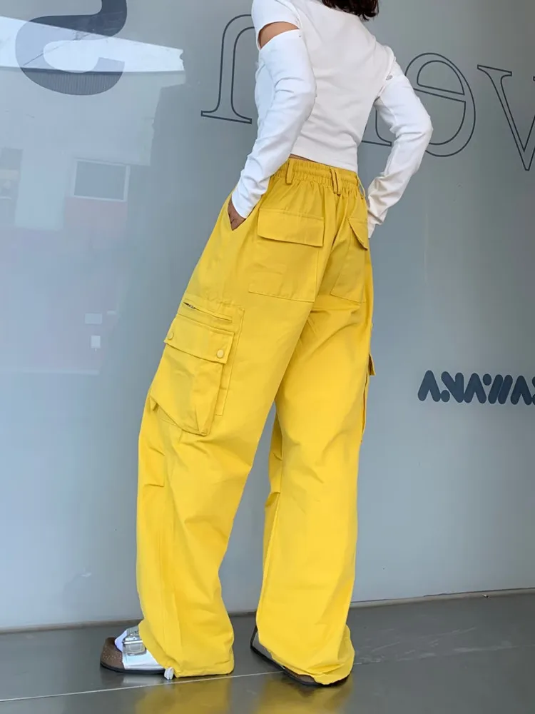 Jean Cargo Baggy jaune avec cordon de serrage pour femmes, mode coréenne Y2K, vêtements multi-poches, décontracté, élégant, 2023