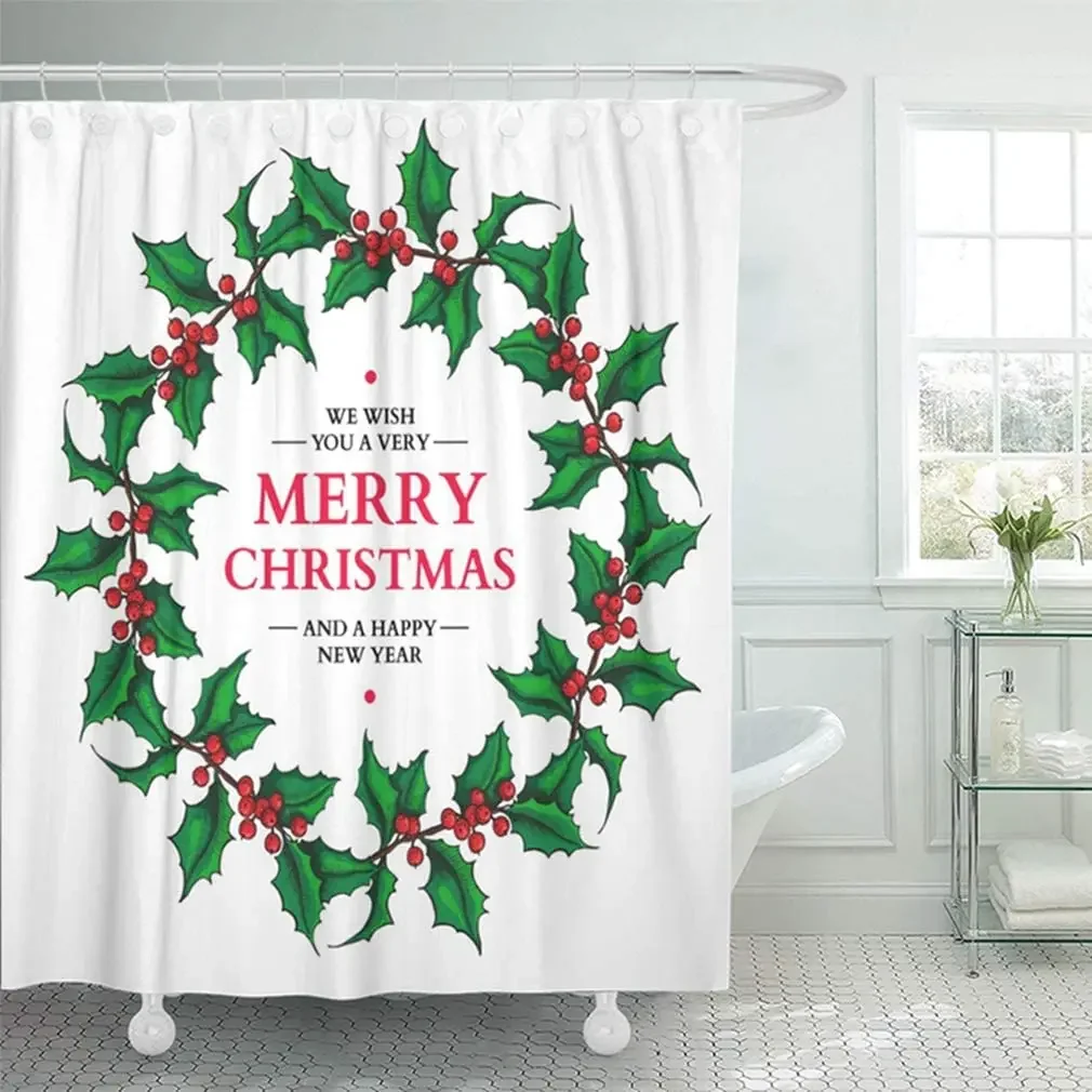 Christmas Shower Curtain Hook Set Winter Festival Happy New Year Bathroom Home Decor Leaf Plant Xmas Wreath Holly Polyester