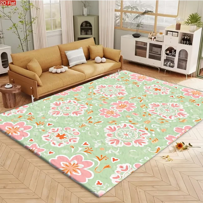 Light Mint Green Pink Orange Boho Floral Mandala Seamless Carpet Flooring, Bohemian Vintage Flower Print Area Rug for Living Room Bedroom Home Decor
