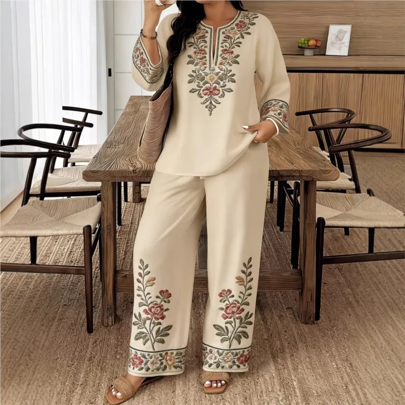 

Fashion Retro Printed Long-sleeved O Neck Shirt And Trousers Women's Suit Autum Loose Simple Ethnic Female Trousers 2-piece Set