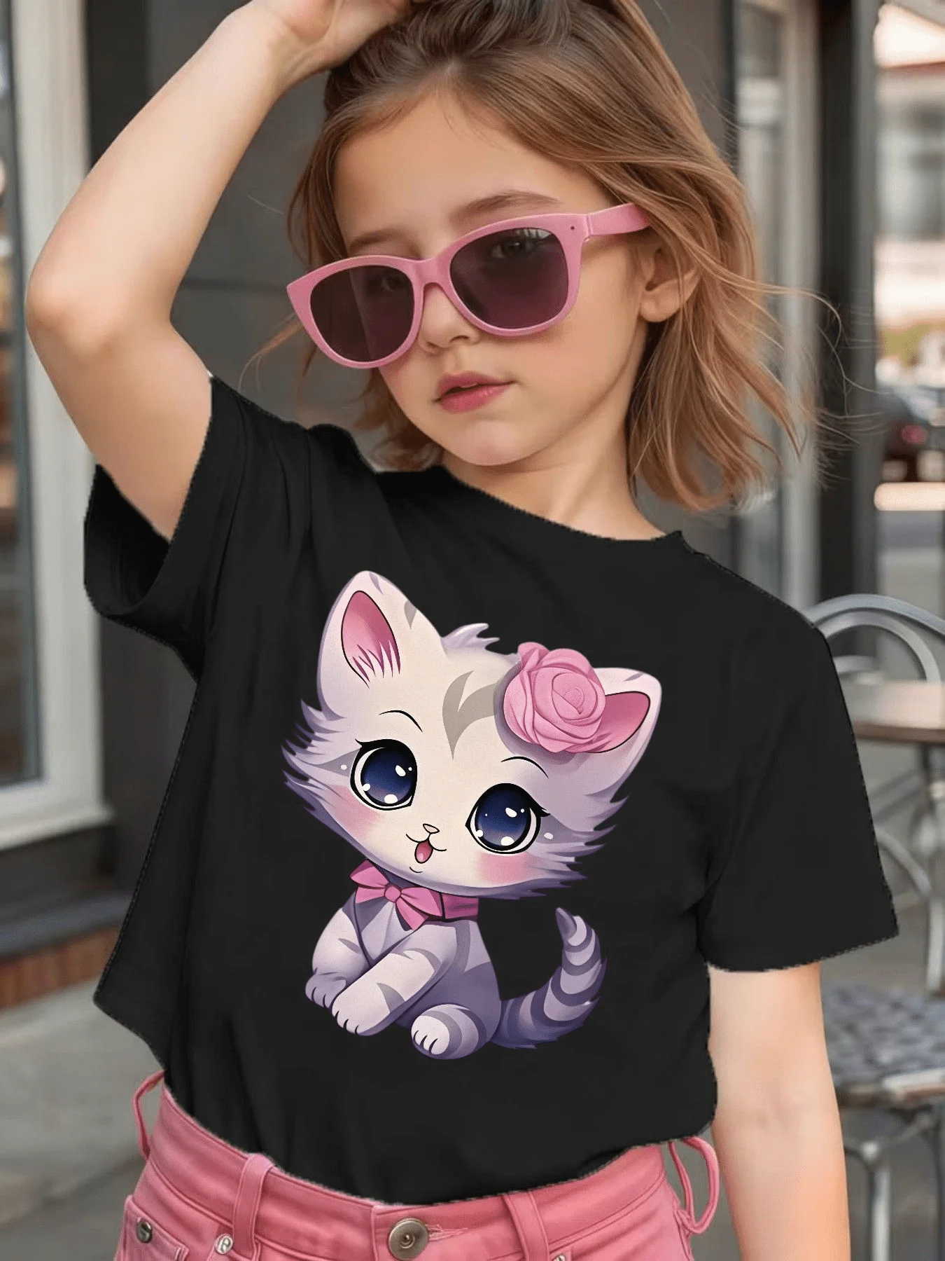 Cute Kitten Pink Rose Bow Graphic Kids Tee Boys Girls Family Matching Cotton Crew Neck Short Sleeve Soft Casual Summer Tee