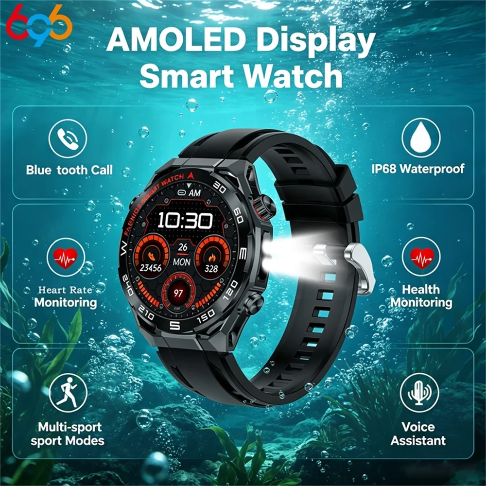 

696 Outdoor Sports Smart Watch LED Flashlight Waterproof Health Watches AMOLED Screen Blue Tooth Call Voice Assistant Smartwatch