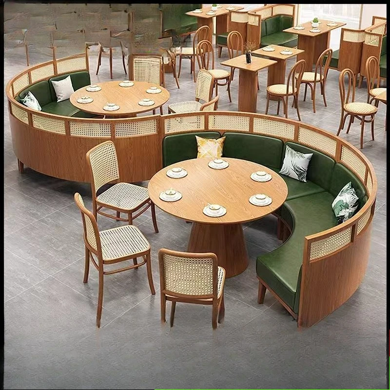

Western Restaurant Rattan Card Seat Sofae Store Catering Furniture Wall Commercial Solid Wood Table and Chair Combination