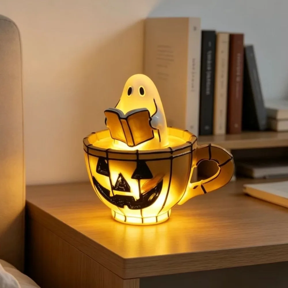 Resin Craft Pumpkin Cup Lamp Warm Glow Battery Operated Ghost Reading Light Hand Painted Compact Size Halloween Nightlight