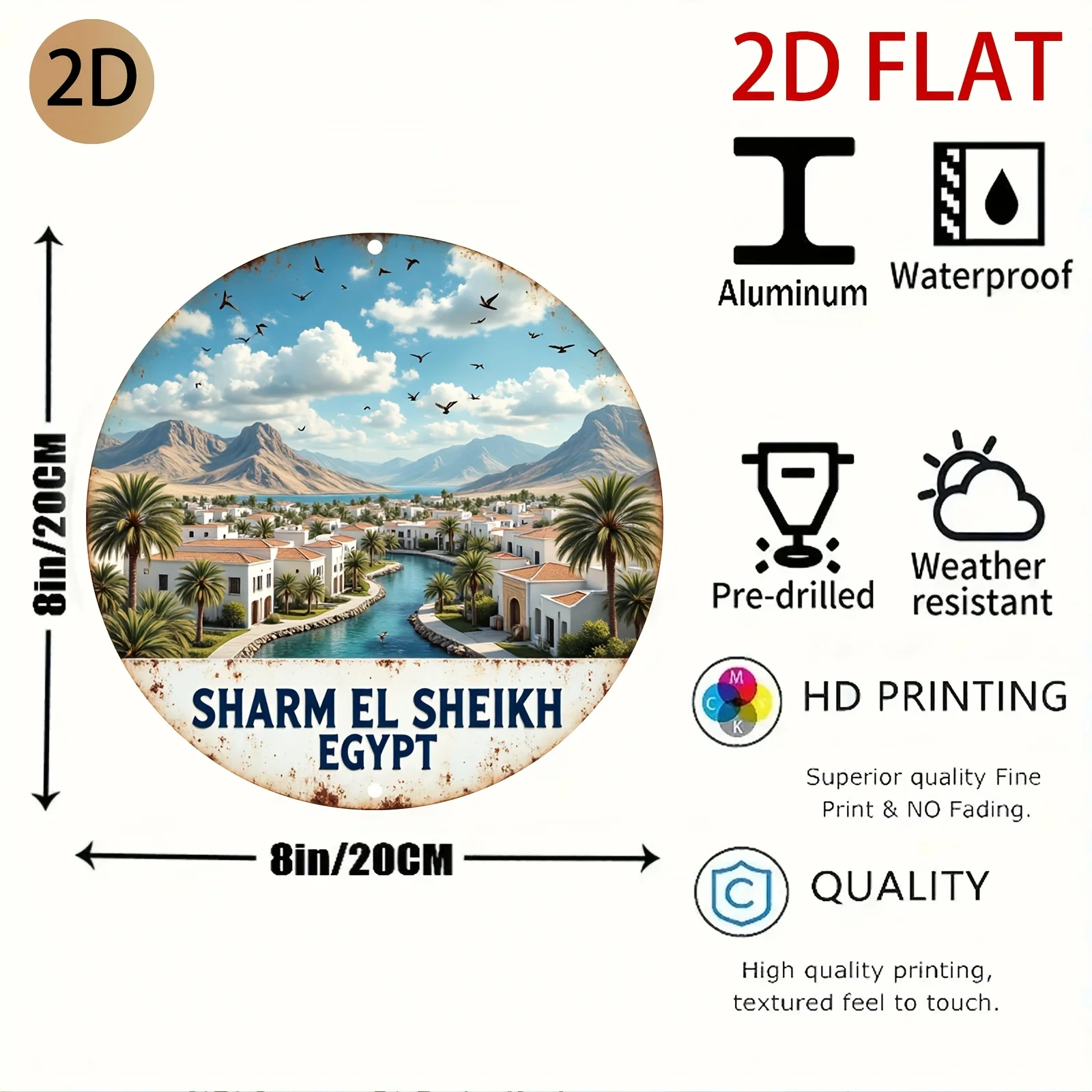 2D Flat - A Round Vintage Tin Sign Depicting The Landscape of Sharm El Sheikh, Egypt, Perfect for Home Or Travel-Themed Decorati