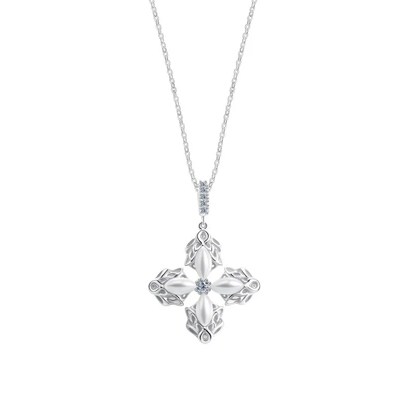 

ZFSILVER Fashion Trend Classic 925 Silver Zircon Pearl Lucky Clover Flower Necklace Charm Women Accessories Jewelry Gift MS-2582