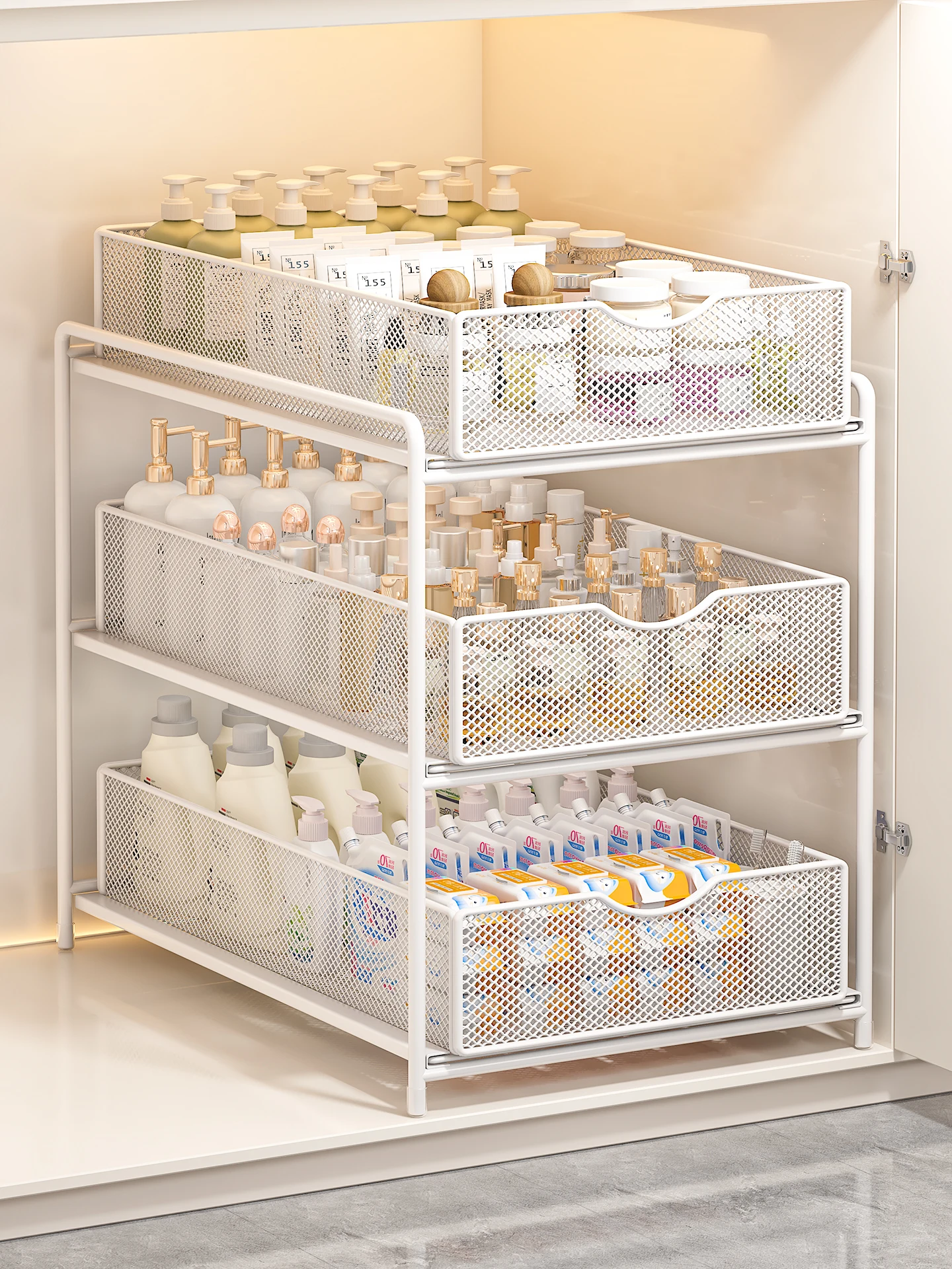 

Bathroom Sink Storage Rack Pull out Basket Shelf Toilet Paper Towel Organizer Simple Style Carbon Steel Material Kitchen Shelf