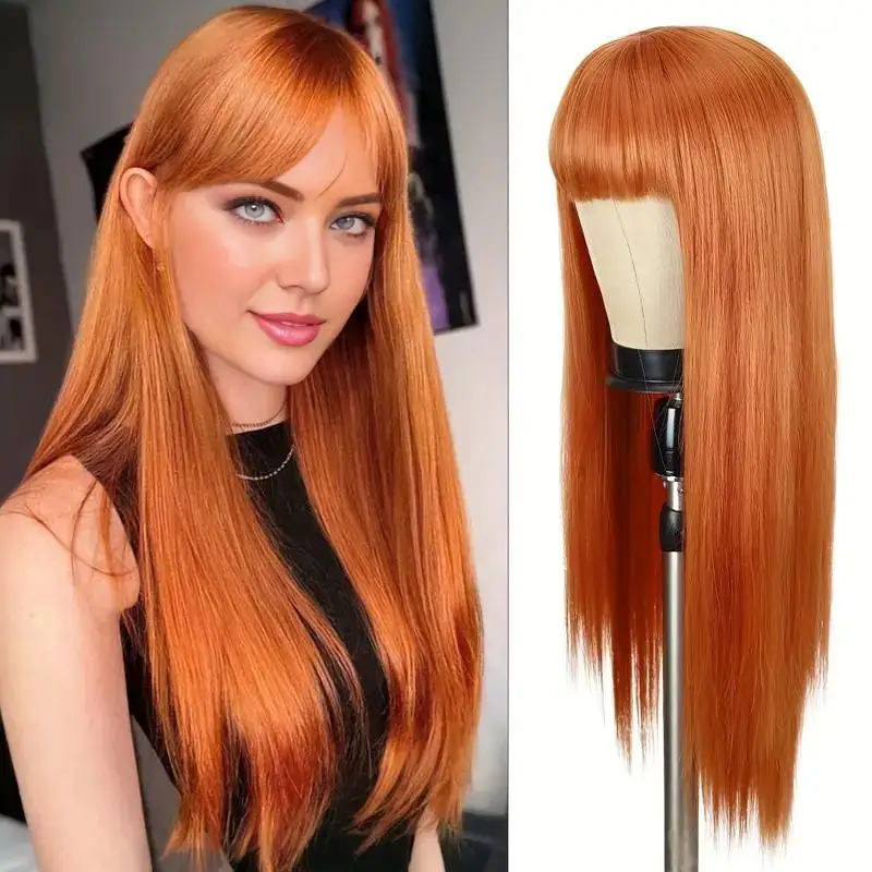 Orange Synthetic Wig Long Straight Hair Halloween Wig Cosplay Wig Role-Playing Party Wig Heat-Resistant Hairnet