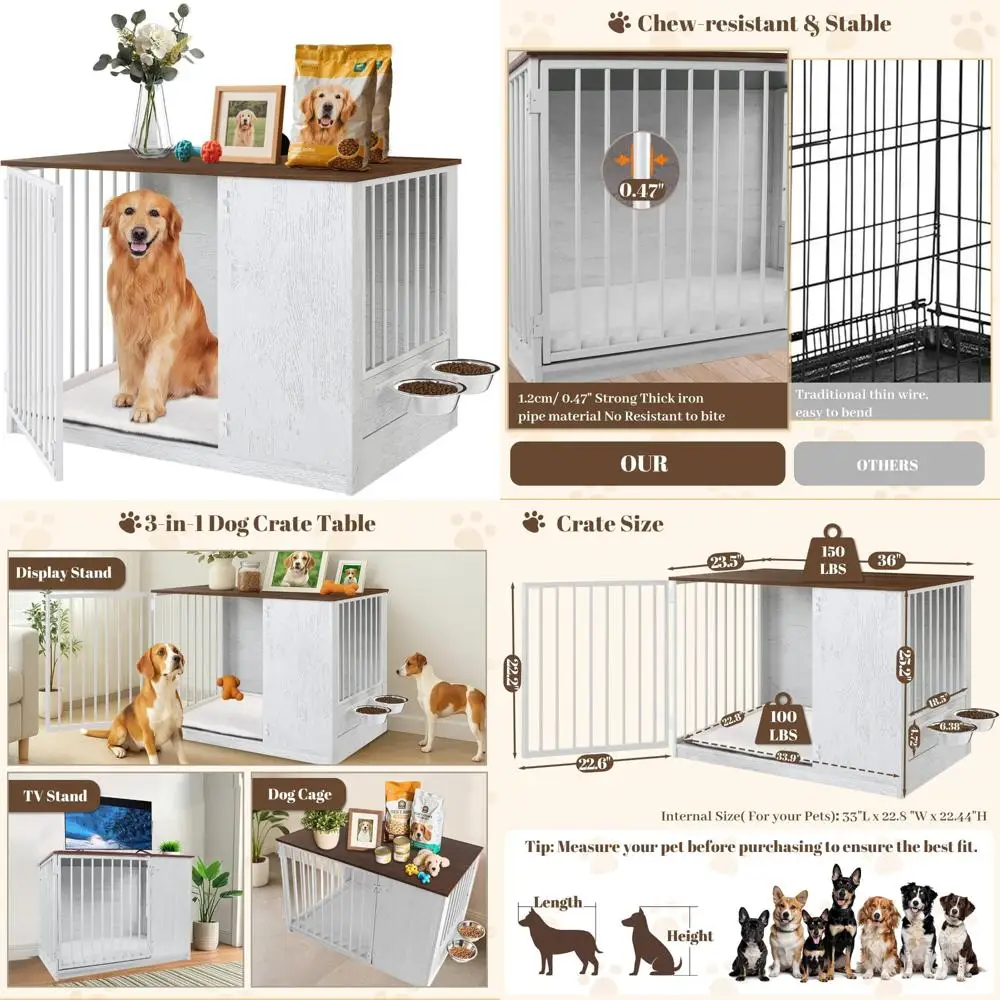

Large Dog Crate Furniture - 36 Indoor Wooden Kennel with 270° Door and 360° Feeder, Heavy Duty Decorative