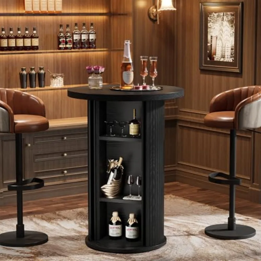 Round bar table for small spaces, kitchen, parties; rustic wood finish; 35.4 high-top bistro pub table with 3-tier hidden stora