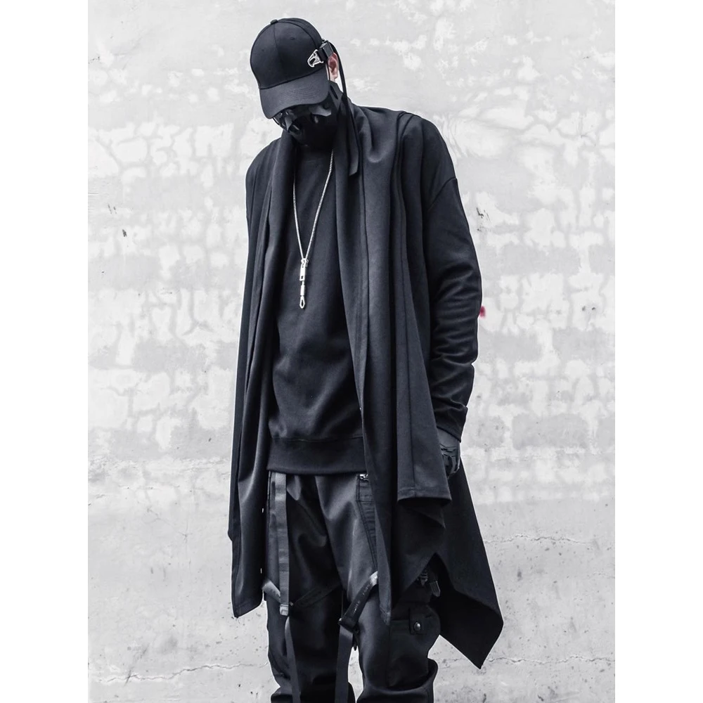 Black Hooded Wizard Trench Coat Windbreaker Men 2023 Autumn Cardigan Cloak Jacket Punk Streetwear Techwear