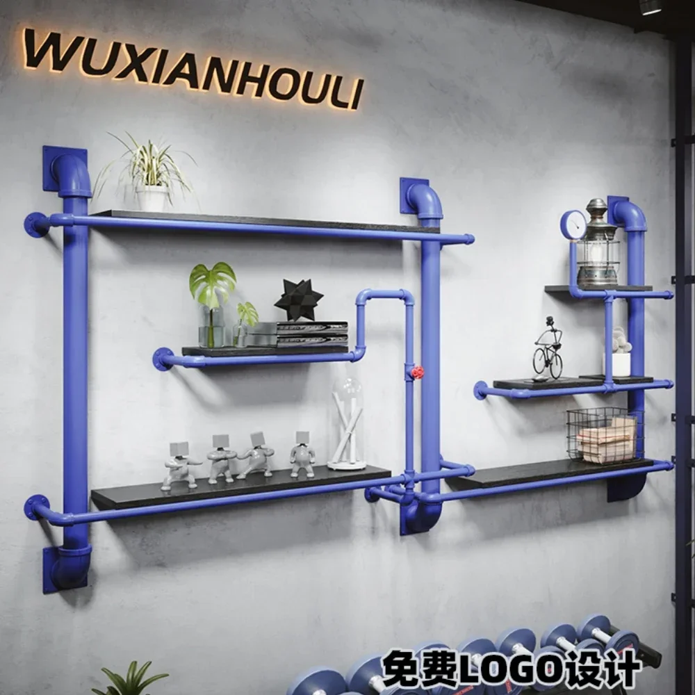 Industrial Style Stainless Steel Wall-Mounted Bracket Water Pipe Solid Wood Shelf Storage Rack