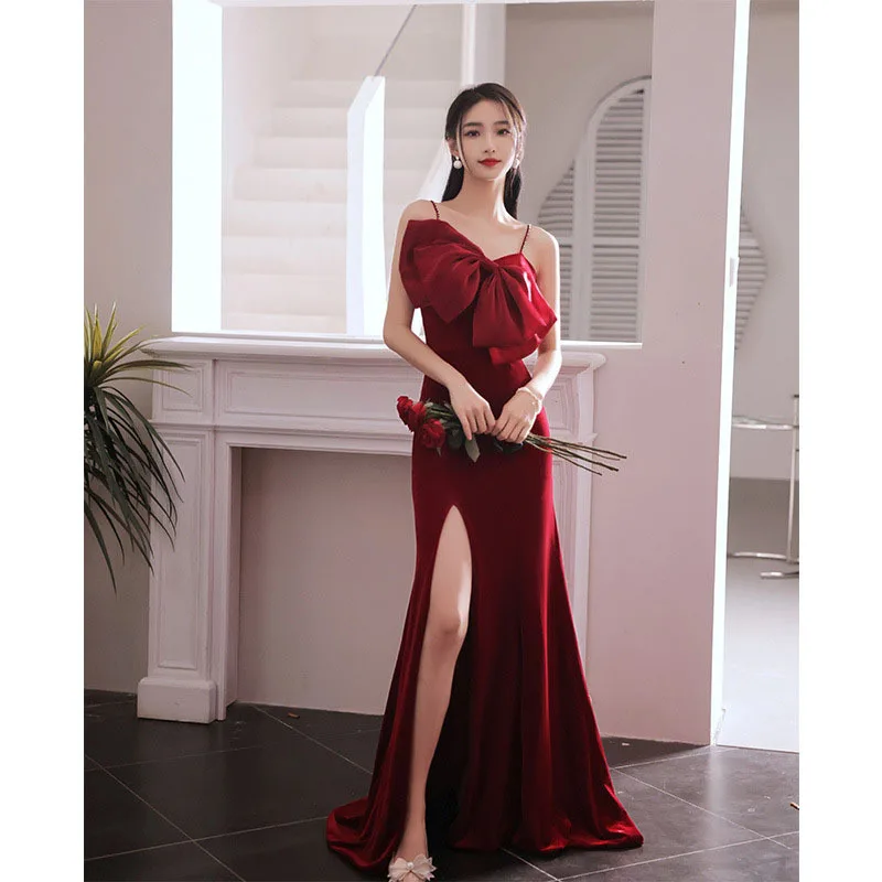 

2022 Summer Vintage Burgundy Velour Party Toast Clothing Women Sexy Spaghetti Strap High Split Long Mermaid Party Dress