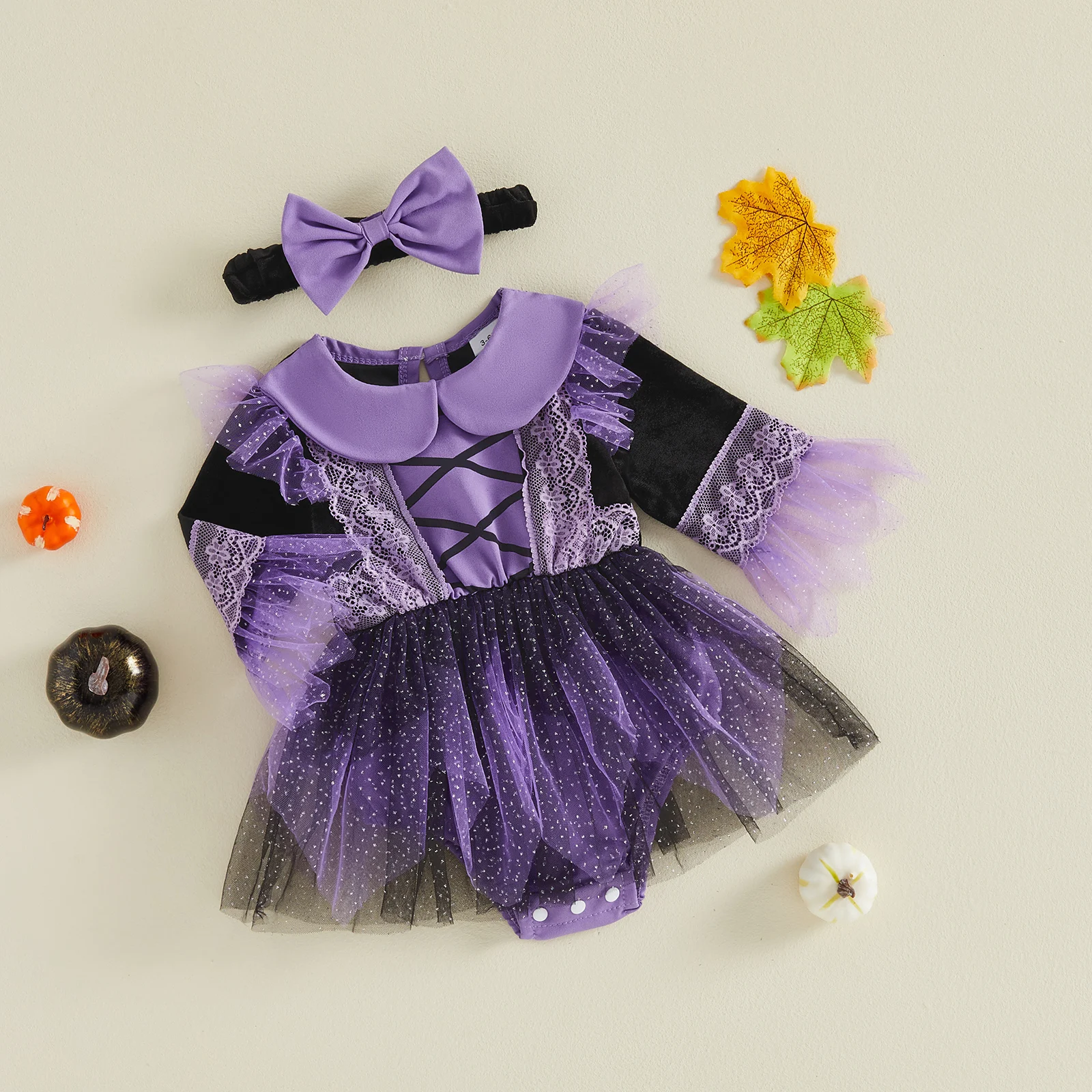 Baby Girl Halloween Witch Costume Long Sleeve Doll Collar Sparkly Tulle Patchwork Romper Dress with Bow Headband