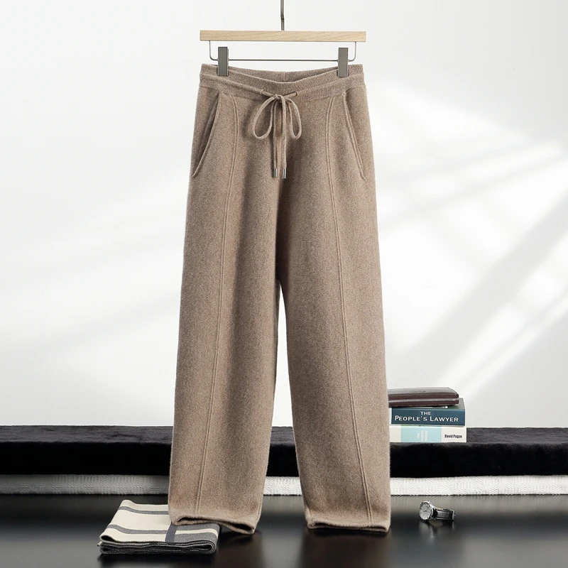 

New Four-Piece Air Layer 100% Cashmere Pants Men's Long Pants Slim Fit Pants Warm Center Seam Elastic Waist Pocket