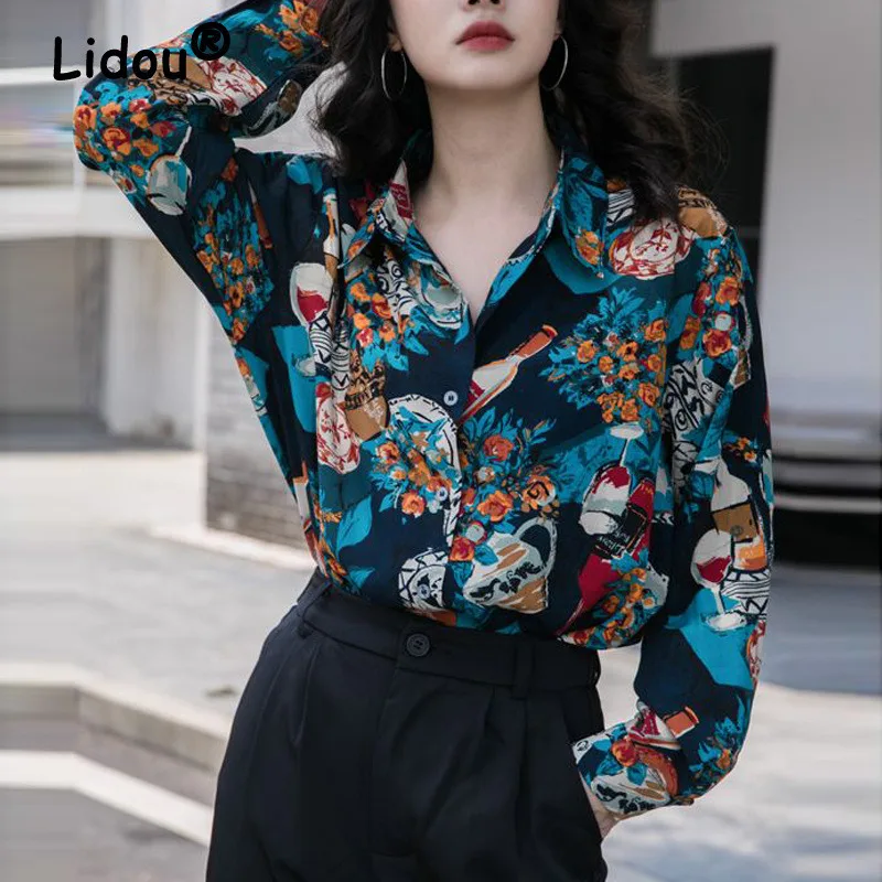 Y2K Harajuku Vintage Print Chic Streetwear Casual Loose Button Up Shirt 2023 Spring Autumn Fashion Long Sleeve Top Blouse Blusas