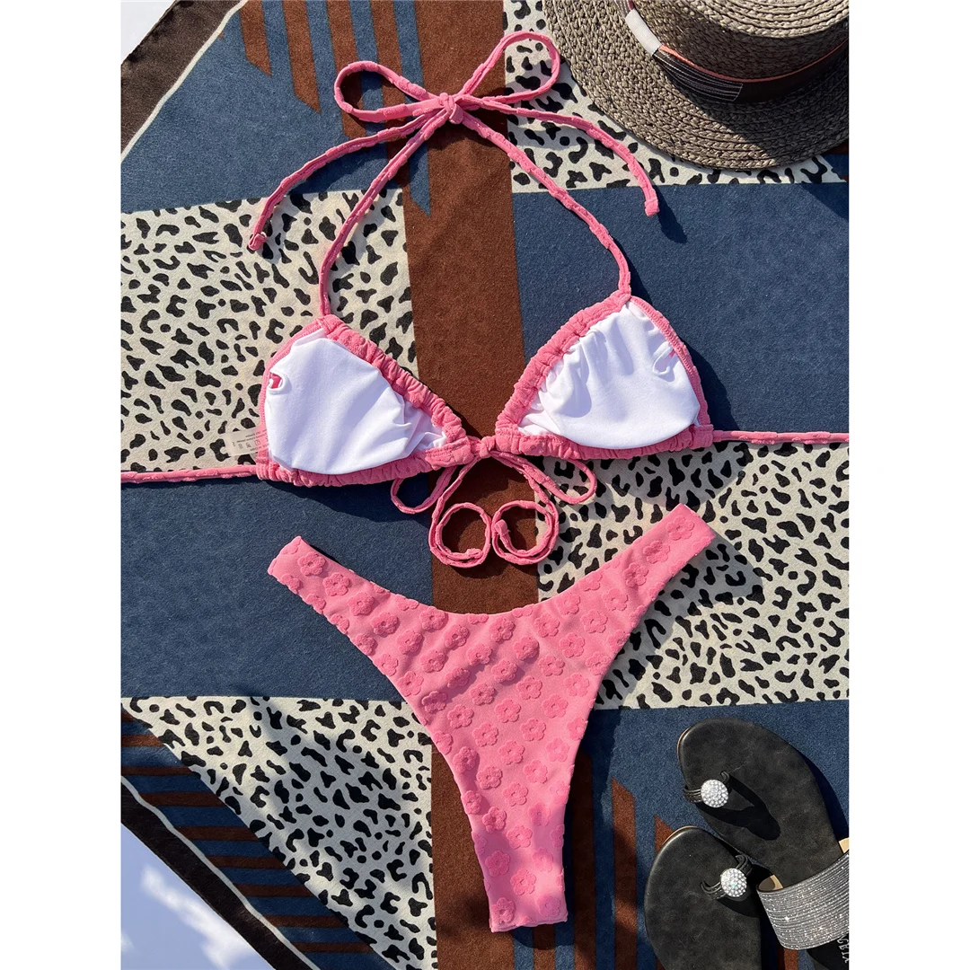 Rosa, verführerischer Bikini mit Neckholder-Ausschnitt, brasilianischer Schnitt, mittelhoher Bund, zweiteiliges Badeanzug-Set für Damen, Badebekleidung, Badeanzug, Modell V4560. – Detail 19
