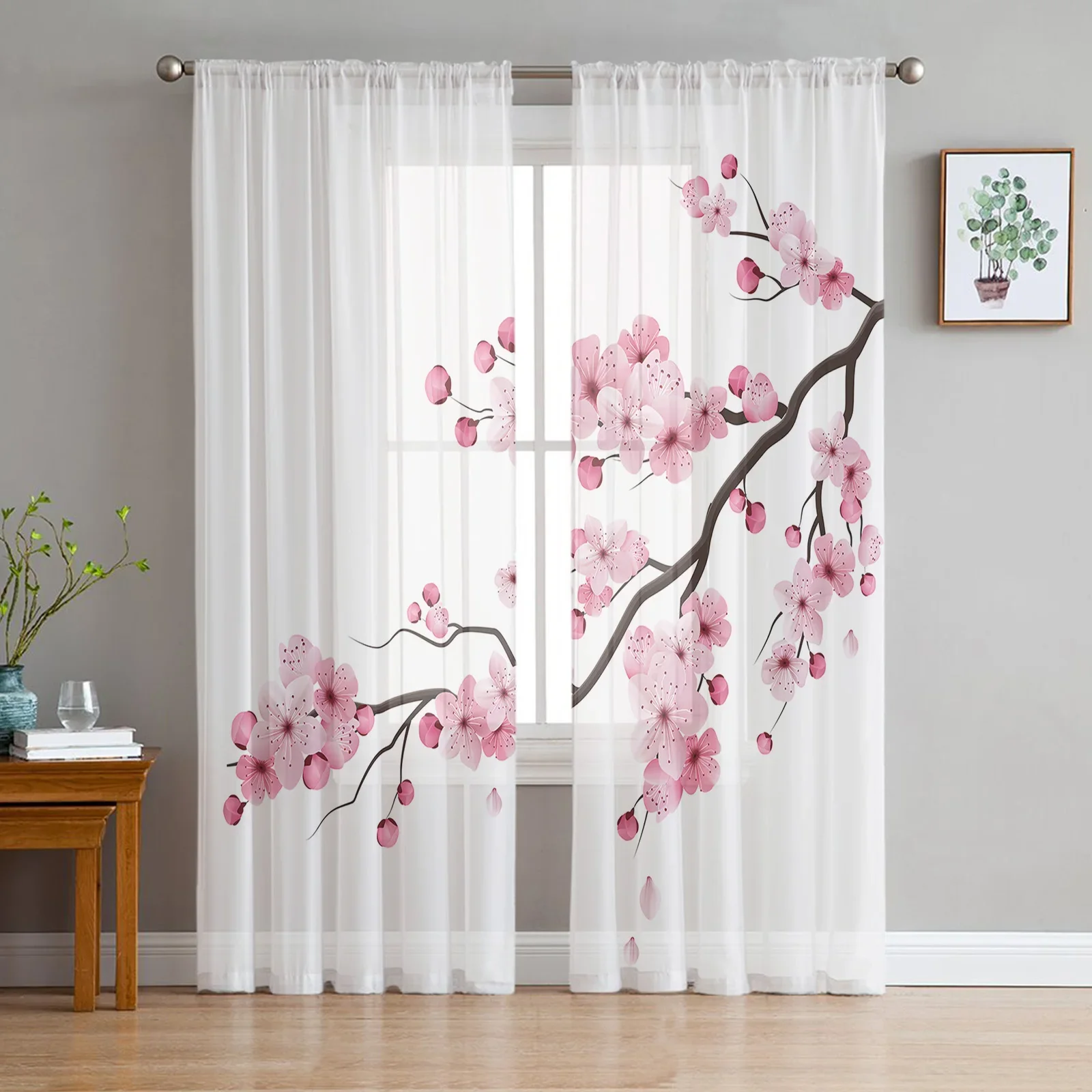 Japanese Pink Flower Cherry Blossom White Sheer Curtains for Living Room Tulle for Windows Voile Yarn Short Bedroom Curtains