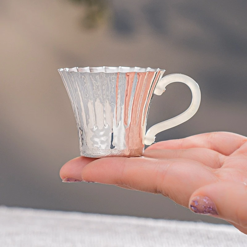Handmade Pure Silver 999 One-Hammer Pattern Petal-Mouth Tea Cup for Household Tea Set - Unique Craftsmanship in Silverware