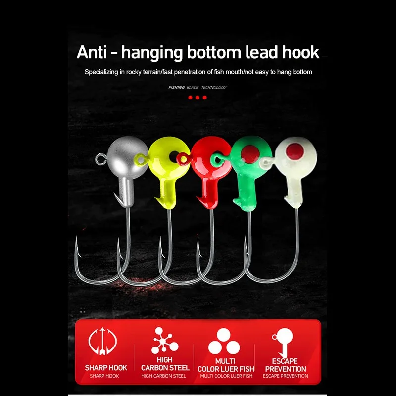 Hameçon de pêche à manivelle, crochet à tête de plomb, 1g-20g, tête ronde colorée, pointe pointue, leurre dur, appât, ver souple, outils, 5/10 pièces