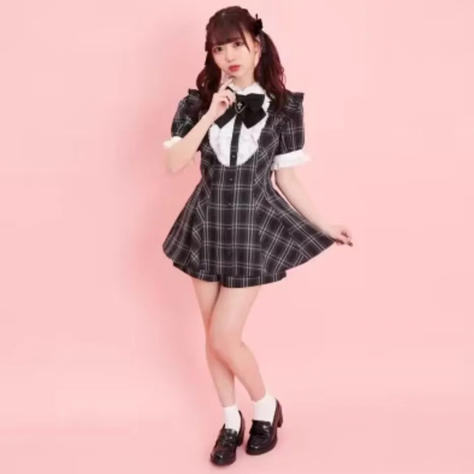 ゴシックラインストーンボウプレードドレスショーツツーピースセットレディース衣装ロリータパフロングスリーブボタンシャツY2kドレスセット