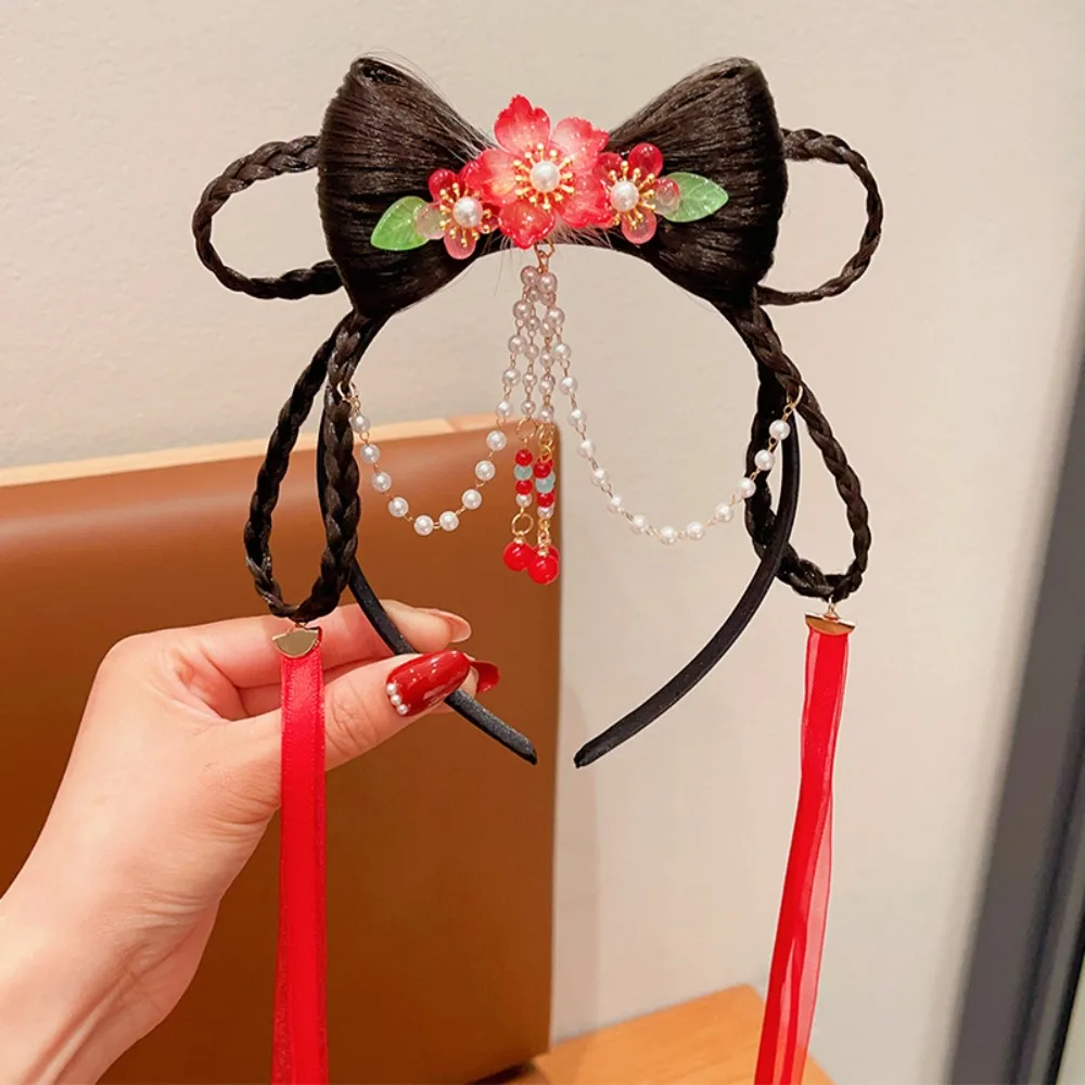 

Детский головной убор с цветами и кисточками, в стиле Ханьфу, с плетеной повязкой на голову, для костюма Тан, на Китайский Новый год