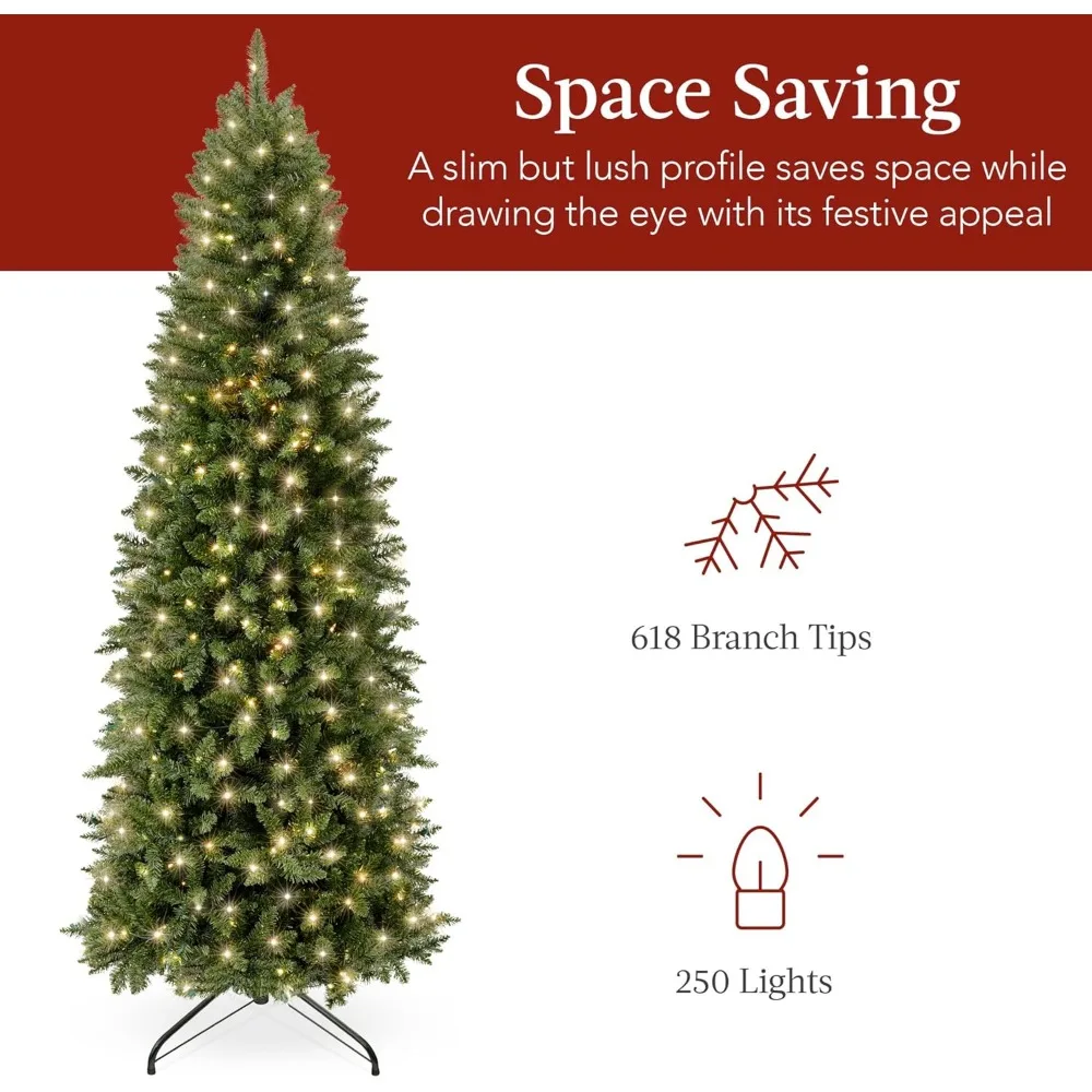 6-foot Christmas Tree, Thin Spruce Decoration with 618 Pointed Tips, 250 Incandescent Lamps, Metal Hinges and Base, Christmas