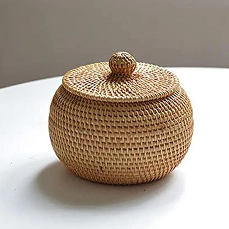 

Round Rattan Box Hand Woven Storage Box Multifunctional Desktop Tray With Lid, Storage Basket Decoration For Home